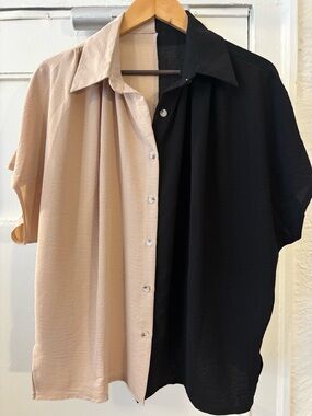 Half Black Half Beige Short-Sleeve Button-Up Shirt